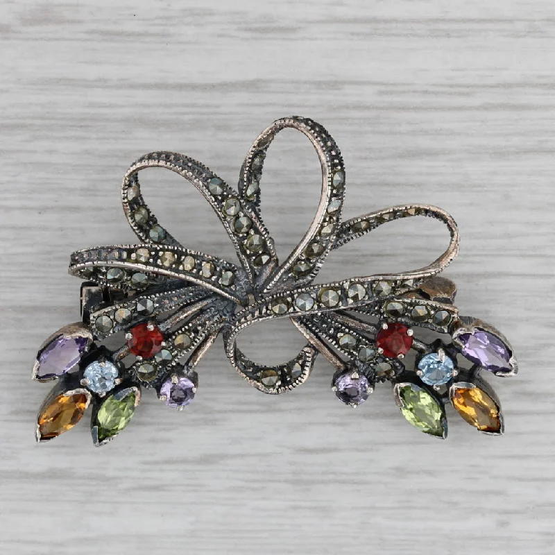 vintage style engagement rings for women-Vintage 1.92ctw Gemstone Bow Brooch Sterling Silver Amethyst Citrine Peridot Pin