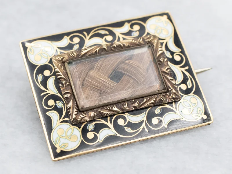 gold leaf brooch for women-Antique 1810 Victorian Enamel Mourning Brooch with Woven Hair