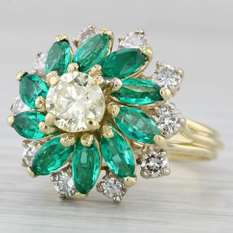 antique engagement rings for women-3.59ctw Lab Created Emerald Diamond Flower Ring 18k Gold Vintage Cocktail Sz 6.5