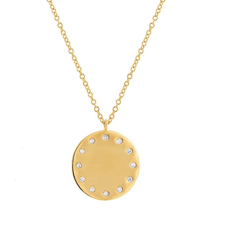 silver leaf necklace for women-14K Yellow Gold Diamond Engravable Polished Disc Pendant