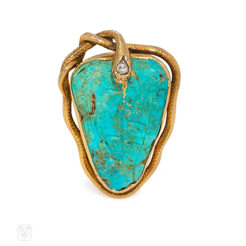 glamorous brooch for women-Antique gold and turquoise snake brooch