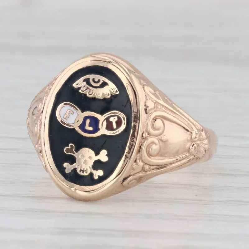 engraved engagement rings for women-Vintage Odd Fellow Ring 10k Yellow Gold Eye FLT Rings Skull Signet Size 10