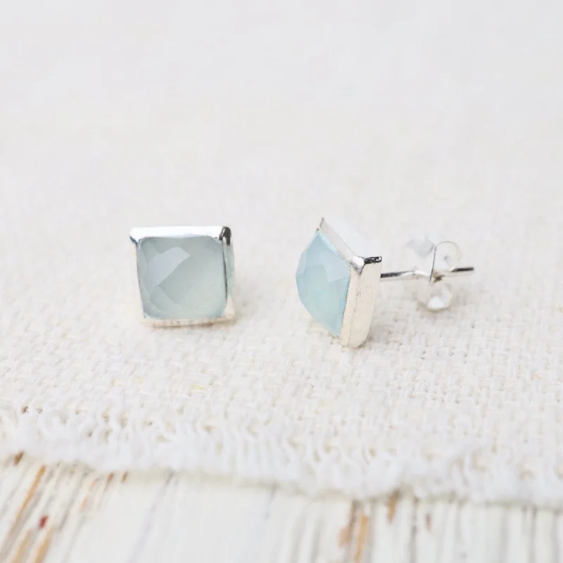 silver teardrop earrings for women-Silver Square Madeline Stud Earrings - Aqua Blue Chalcedony