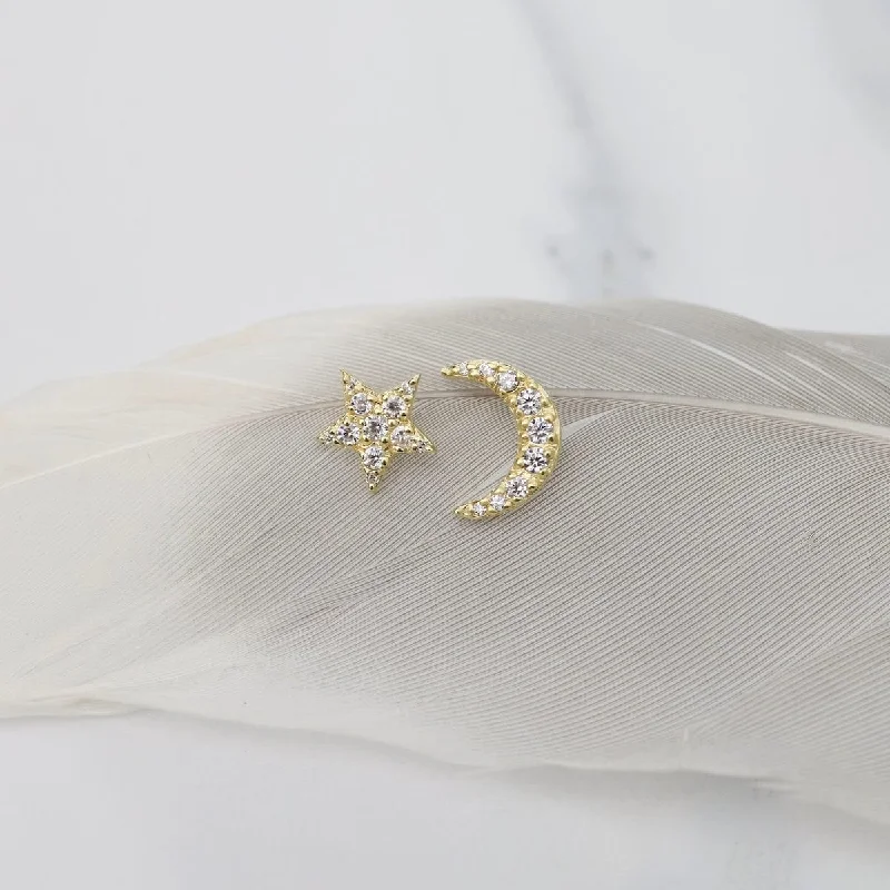 delicate drop earrings for women-Gold Vermeil New CZ Pave Moon & Star Stud Earrings