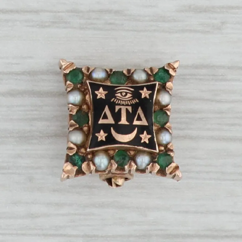 elegant engagement rings for women-Antique Delta Tau Delta Fraternity Pin 14k Gold Pearl Emerald 1918 Greek Badge