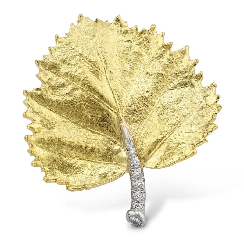 modern rhinestone flower brooch for women-Gold Poplar Leaf & Diamond Brooch