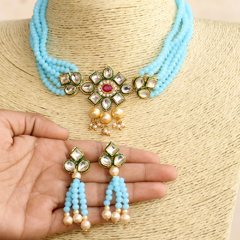 personalized message necklace for women-Beadsnfashion Glass Crystal Beaded Kundan Choker Set Sky Blue