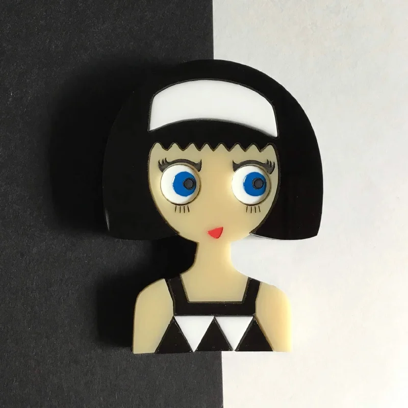 modern brooch for women-LINDA Acrylic Brooch - Fashion girl with a black and white geometric dress▫️