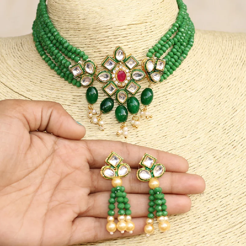 gemstone heart necklace for women-Beadsnfashion Glass Crystal Beaded Kundan Choker Set Green