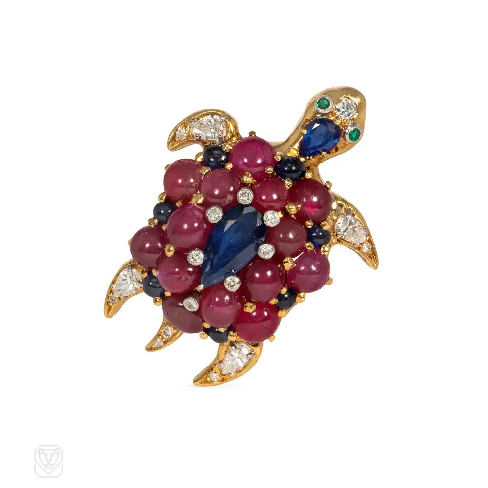 vintage diamond brooch for women-Mid-century gold and gemset turtle brooch