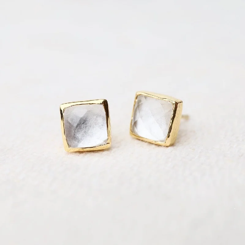 boho-inspired earrings for women-Madeline Stud Earrings - Vermeil Square - Clear Quartz