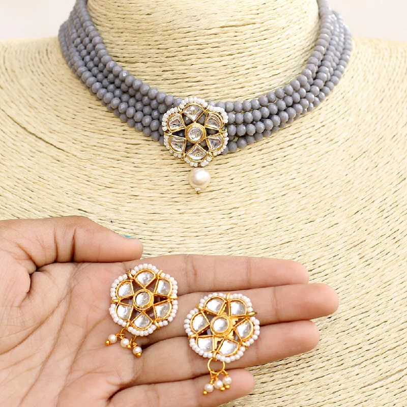 rose gold choker necklace for women-Beadsnfashion Glass Crystal Beaded Kundan Choker Set Grey