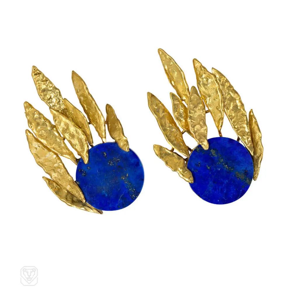 artistic brooch for women-Chaumet pair of lapis and gold brooches