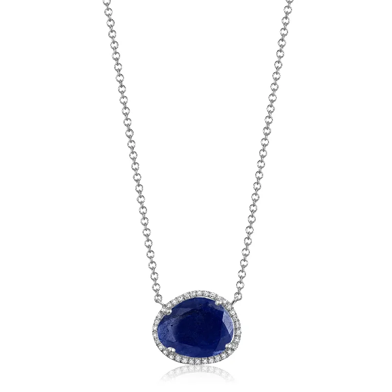 elegant sapphire necklace for women-14K White Gold Diamond + Free Form Blue Sapphire