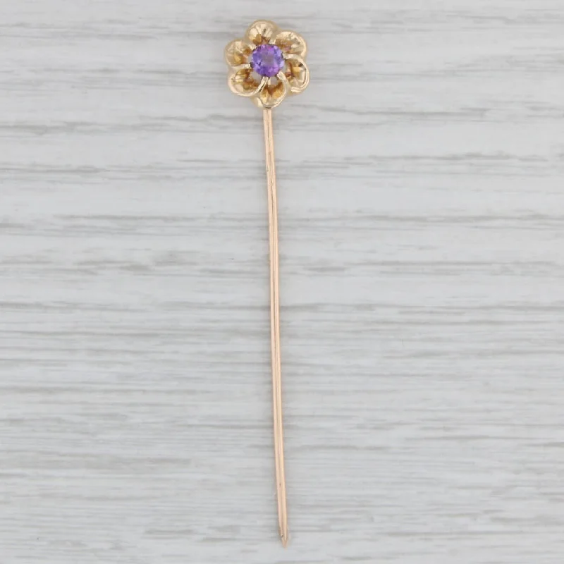 yellow gold engagement rings for women-Vintage 0.22ct Amethyst Flower Stickpin 14k Top 10k Pin Yellow Gold