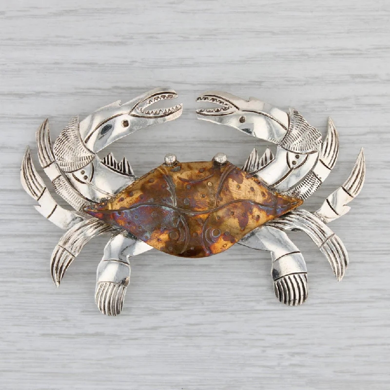 engagement rings with side stones for women-Large Crab Brooch Sterling Silver Brass Nautical Jewelry Pin Courtney Peterson