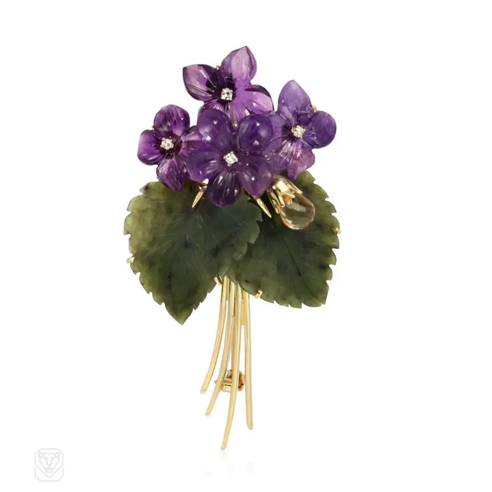 colorful gemstone brooch for women-Amethyst and nephrite flower bouquet brooch