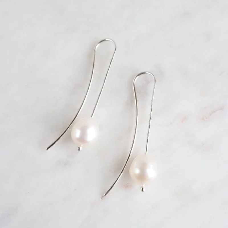 intricate diamond earrings for women-Large Fresh Water Pearl On Long Silver Wire Earrings