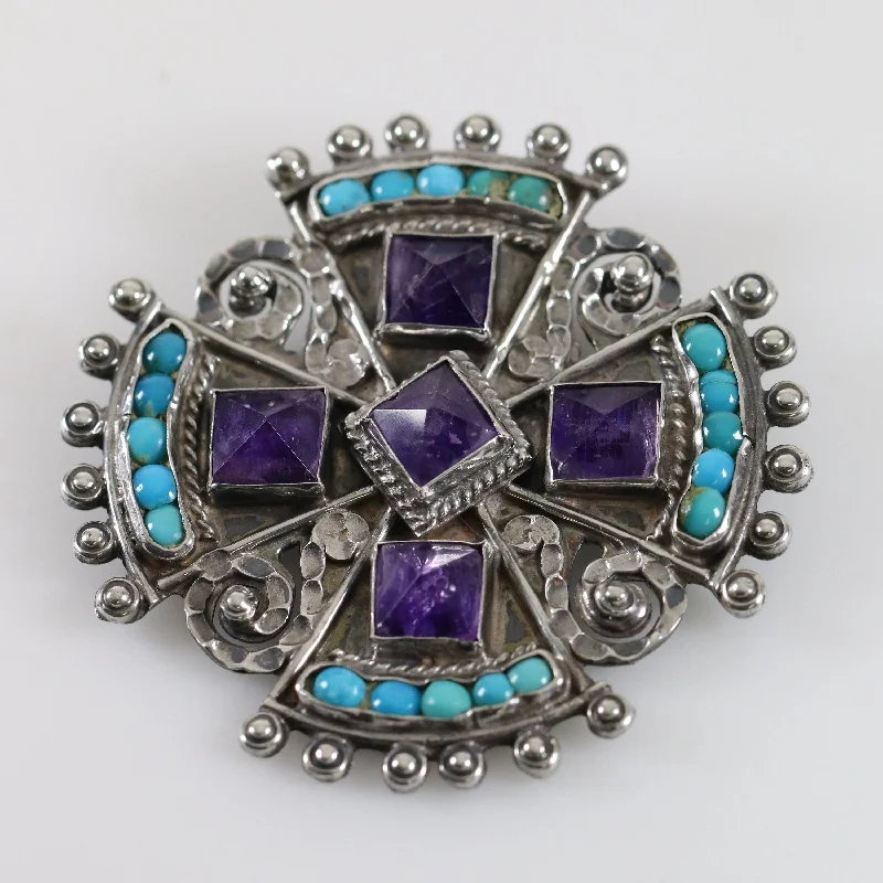 sapphire brooch for women-Vintage MATL Amethyst Turquoise Coral Brooch | Ricardo Salas Sterling Silver Pin Mexico