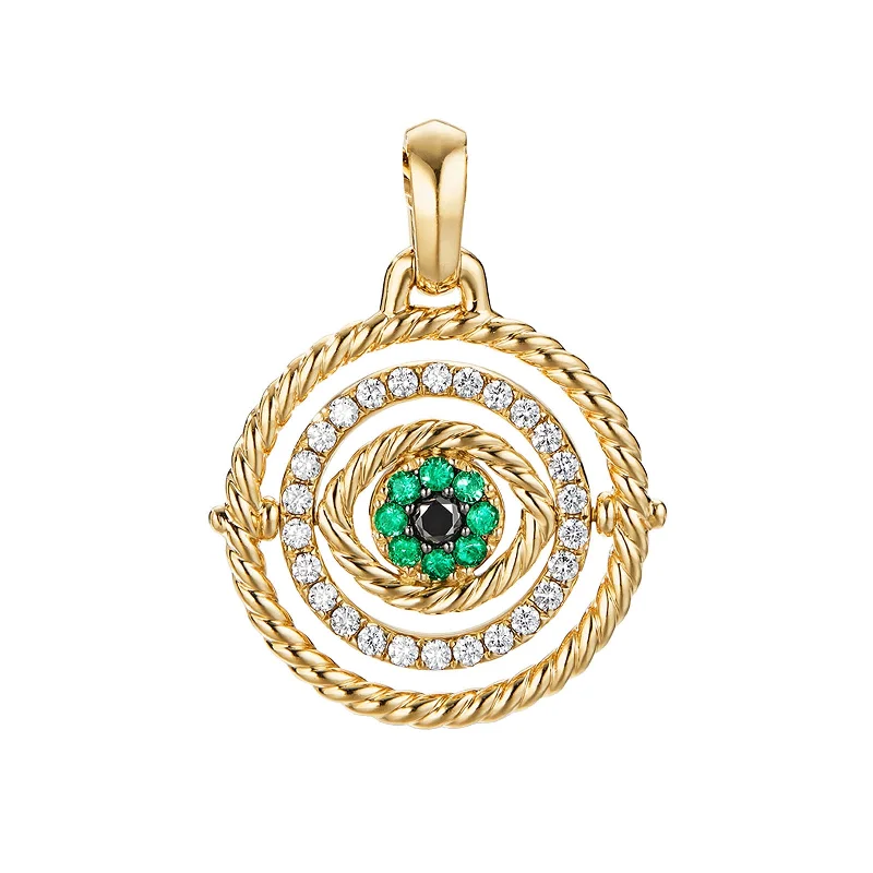 vintage gold necklace for women-Evil Eye Mobile Amulet in 18K Yellow Gold with Pave Emeralds and Diamonds