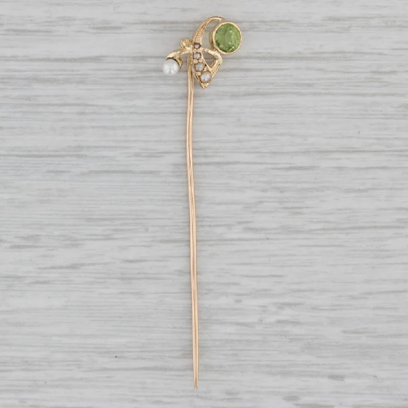 floral engagement rings for women-Vintage Peridot Cultured Pearl Stickpin 14k 10k Yellow Gold