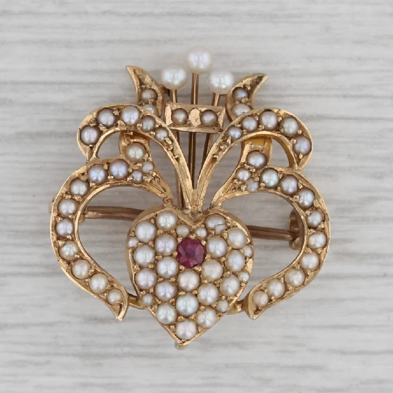 customized engagement rings for women-Antique Edwardian Ornate Heart Brooch 14k Yellow Gold Pearl Ruby Pin