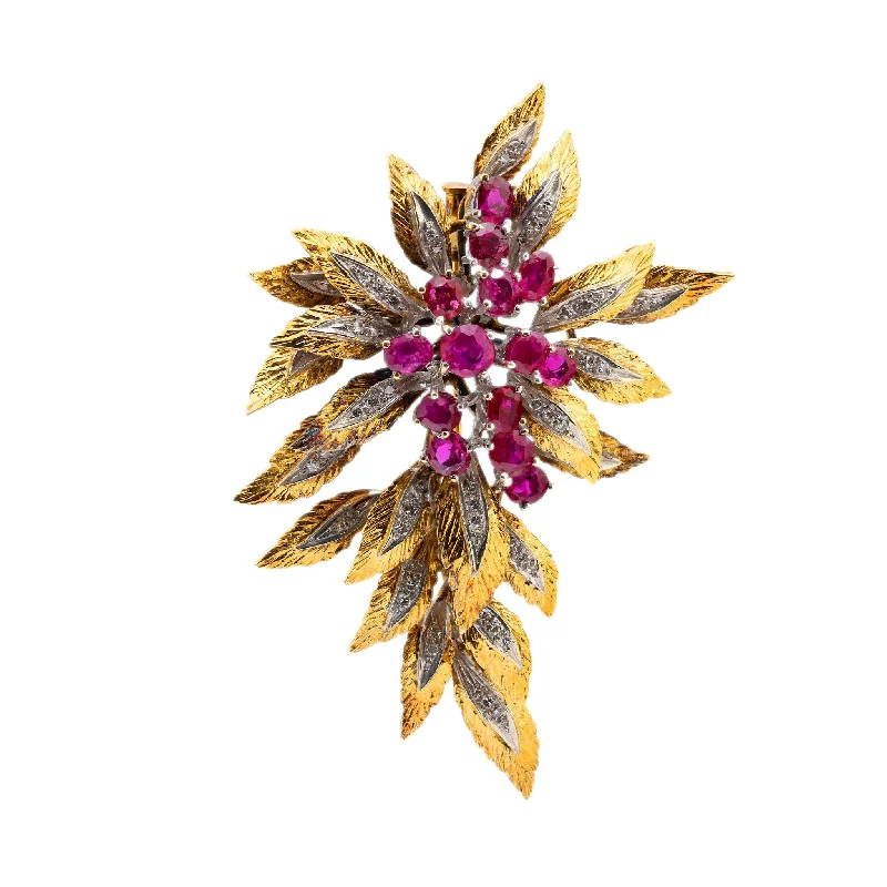 golden leaf brooch for women-Retro 5 carat ruby diamond 14k gold leaf brooch