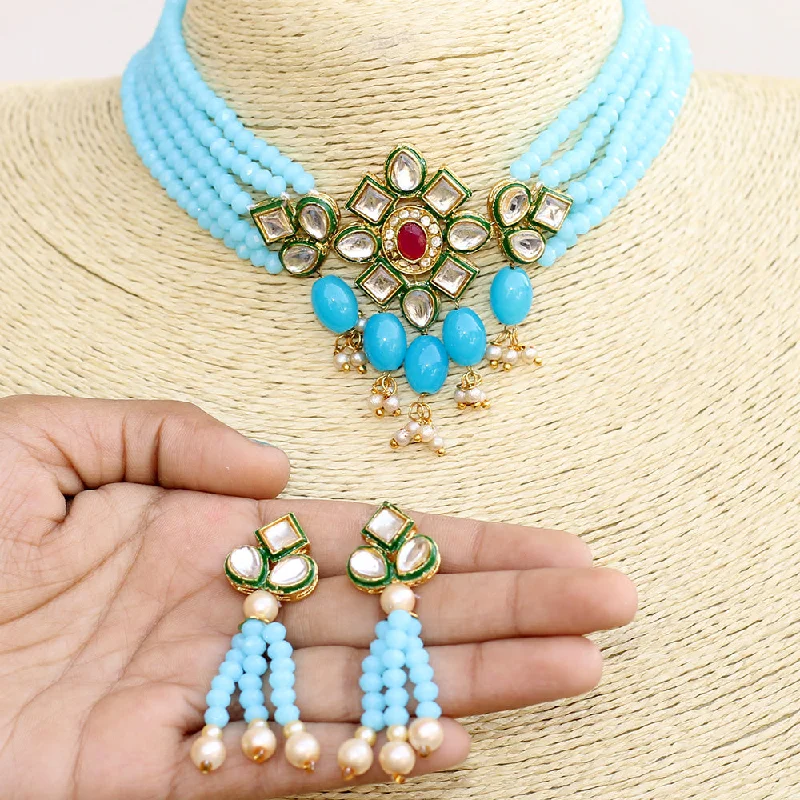 dainty gold pendant necklace for women-Beadsnfashion Glass Crystal Beaded Kundan Choker Set Turquoise