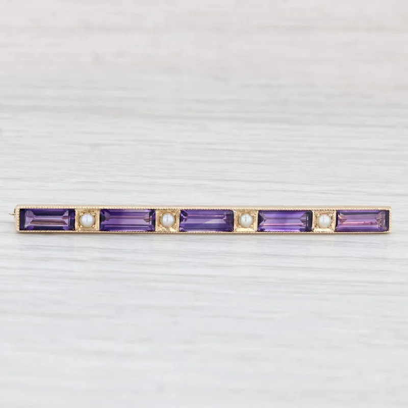 platinum engagement rings with sapphires for women-Vintage 8.80ctw Amethyst Pearl Bar Pin 14k Yellow Gold Brooch