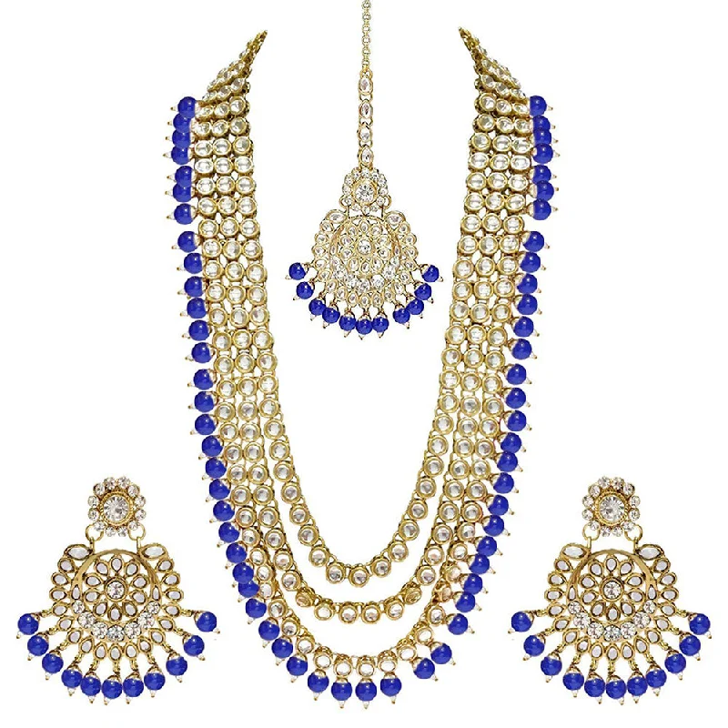 sleek gold necklace for women-Etnico 18K Gold Plated Traditional Kundan & Pearl Studed Bridal Jewellery Set For Women (IJ348Bl)