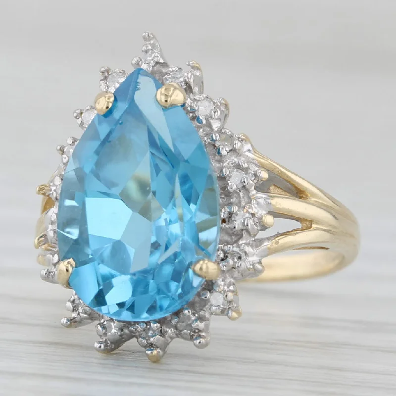 platinum solitaire engagement rings for women-7.07ctw Pear Blue Topaz Diamond Halo Ring 10k Yellow Gold Size 4.5