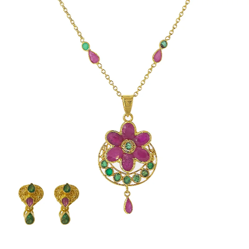 crystal heart necklace for women-22K Yellow Gold Pendant & Chain Set W/ Ornate Ruby Flower