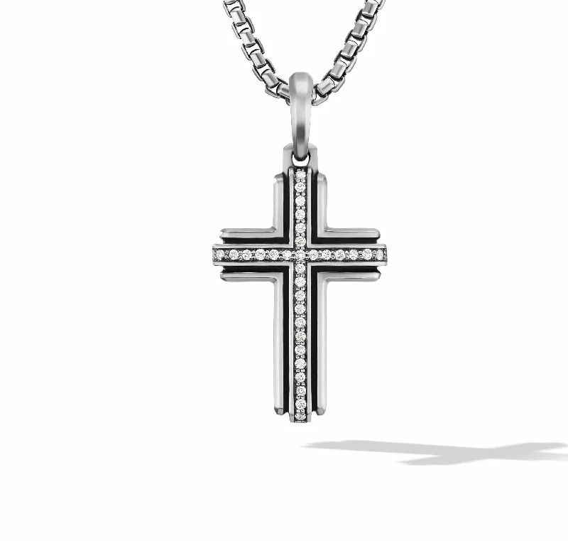 emerald pendant necklace for women-Deco Cross Pendant in Sterling Silver with Pave Diamonds