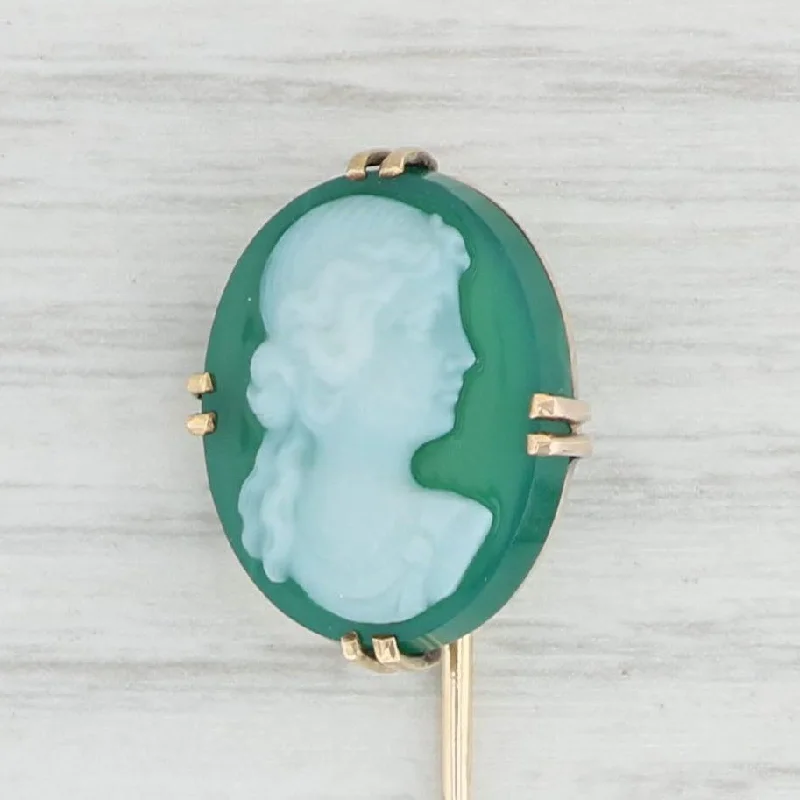 custom engagement rings for women-Antique Green Chalcedony Cameo Stickpin 10k Yellow Gold