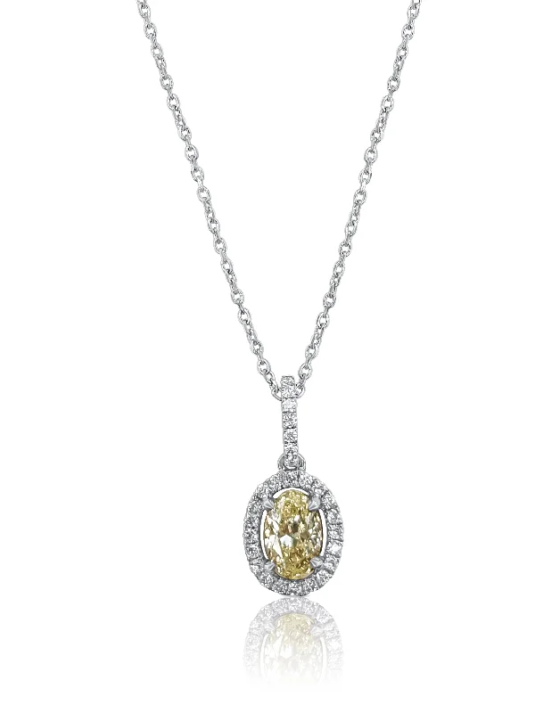 contemporary gold necklace for women-18K Two Tone Fancy Light Yellow Oval Diamond Halo Pendant