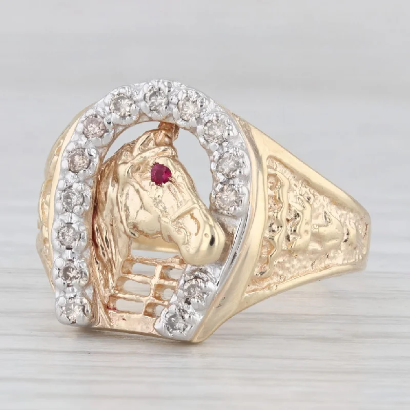 non-diamond engagement rings for women-0.20ctw Diamond Horseshoe Horse Ring 14k Gold Size 11.5 Western Lab Created Ruby