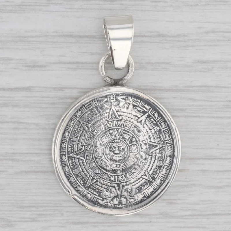 oval halo engagement rings for women-Aztec Sun Calendar Coin Medallion Pendant Sterling Silver