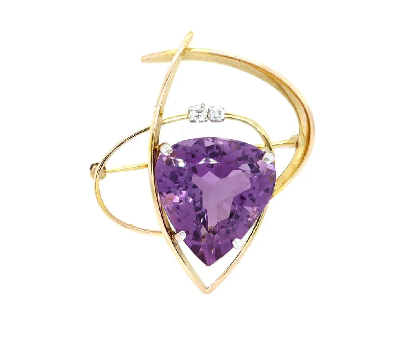 sophisticated brooch for women-29.0ct Trillion Cut Amethyst and 0.15ctw Diamond Brooch in 14K