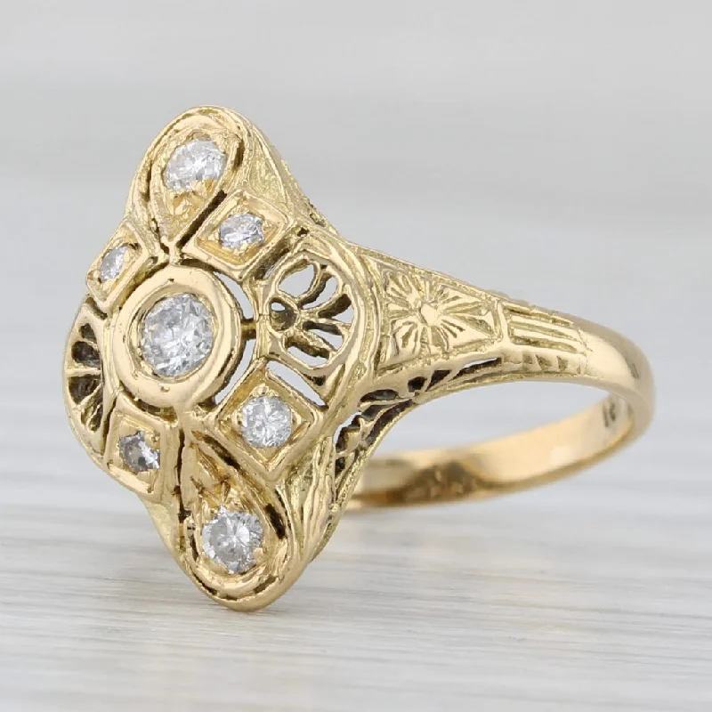 gold solitaire engagement rings for women-Vintage Art Deco 0.24ctw Diamond Filigree Ring 18k Yellow Gold Size 5.25