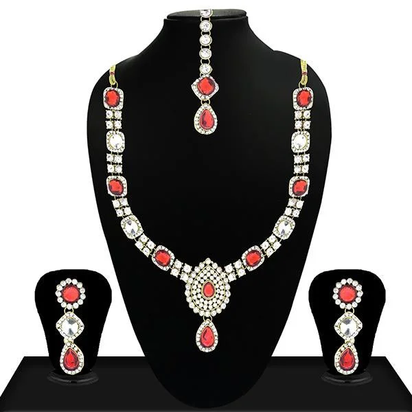 sterling silver chain necklace for women-Vivant Charms Red Crystal Stone Neckace Set With Maang Tikka - 1105107