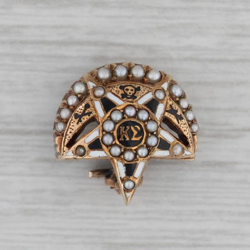 heart-shaped engagement rings for women-Antique Kappa Sigma Badge Fraternity 14k Gold Pearl Moon Star Skull Pin