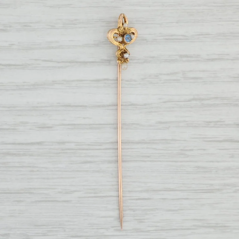 rose gold engagement rings with diamonds for women-Antique Sapphire Pearl Blue Sapphire Stickpin 10k Yellow Gold