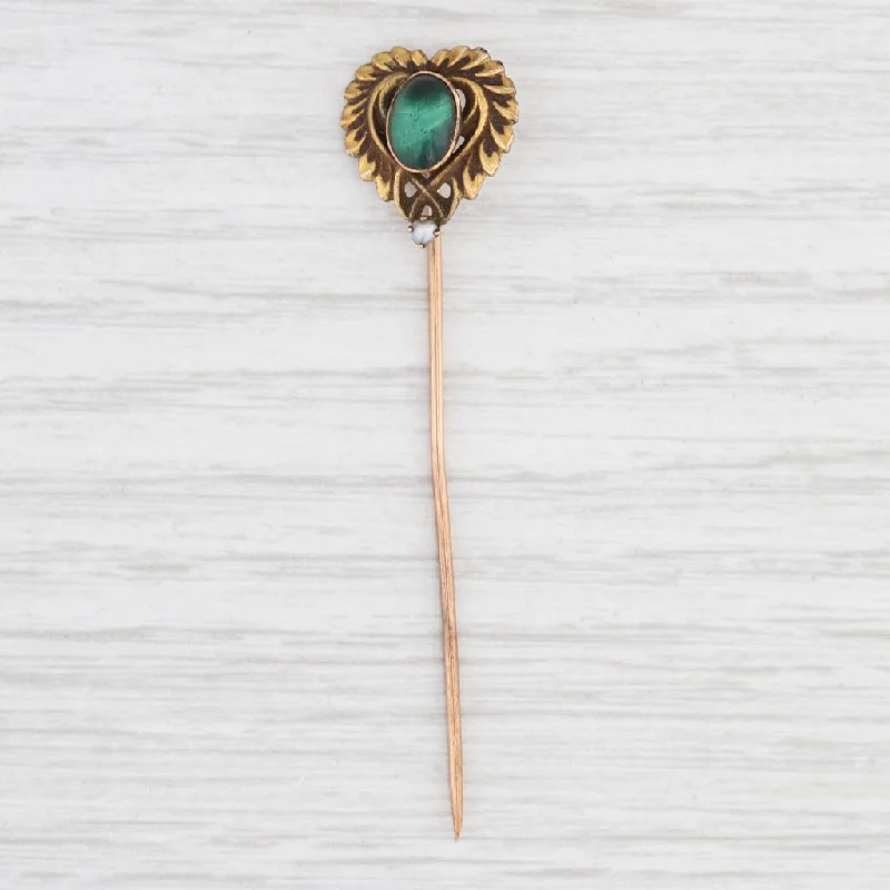 pear diamond engagement rings for women-Antique Green Malachite Pearl Heart Stickpin 10k Yellow Gold Pin