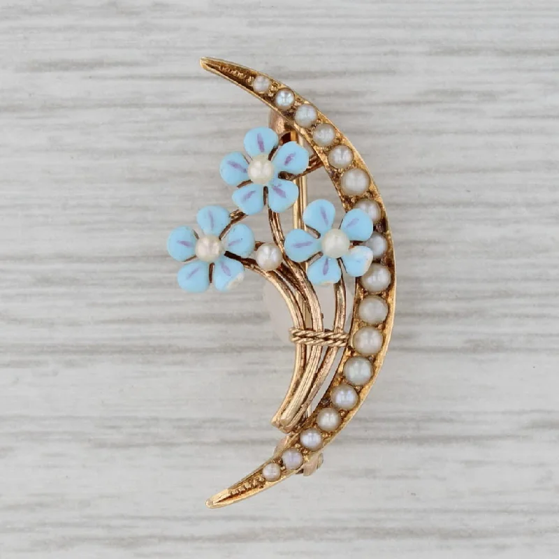 classic engagement rings for women-Vintage Floral Crescent Brooch 14k Yellow Gold Enamel Pin