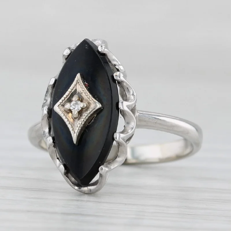 wedding and engagement rings sets for women-Vintage Onyx Navette Diamond Signet Ring 10k White Gold Size 4.5