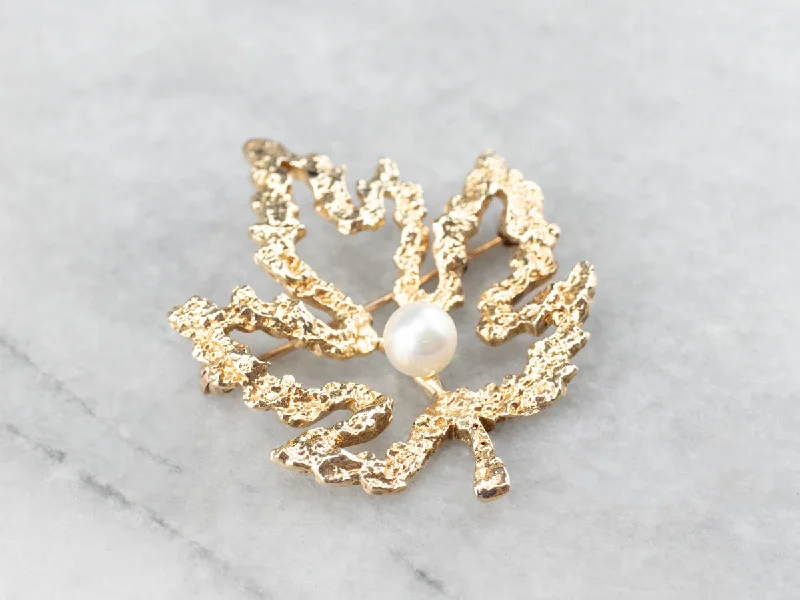 personalized gemstone brooch for women-Vintage Gold and Pearl Maple Leaf Brooch