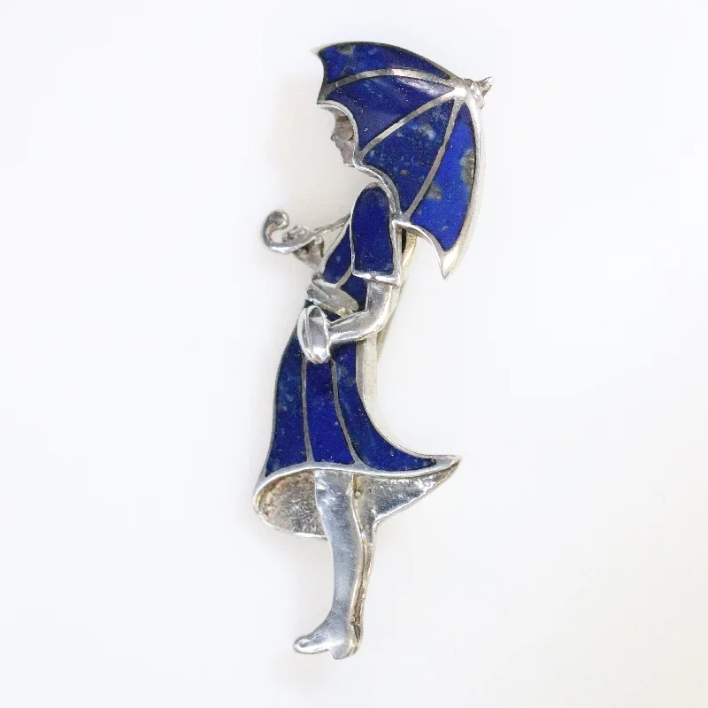 delicate bird brooch for women-Vintage Handcrafted Silver Jewelry | Art Deco Girl and Umbrella Lapis Lazuli Brooch