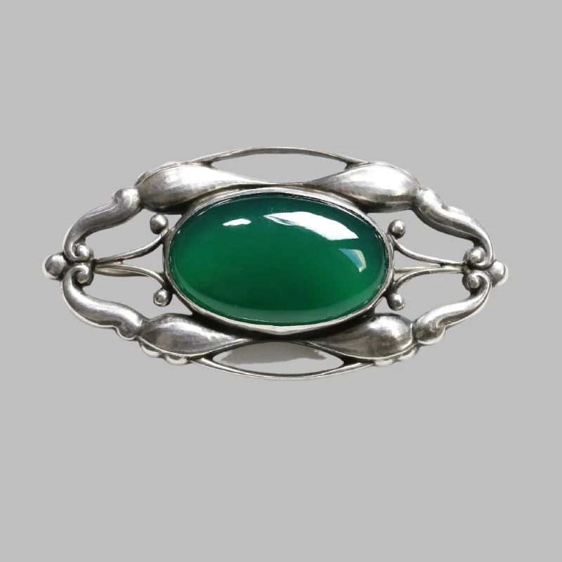 custom floral brooch for women-Early Georg Jensen Jewelry | Chrysoprase Art Nouveau Silver Vintage Brooch 197