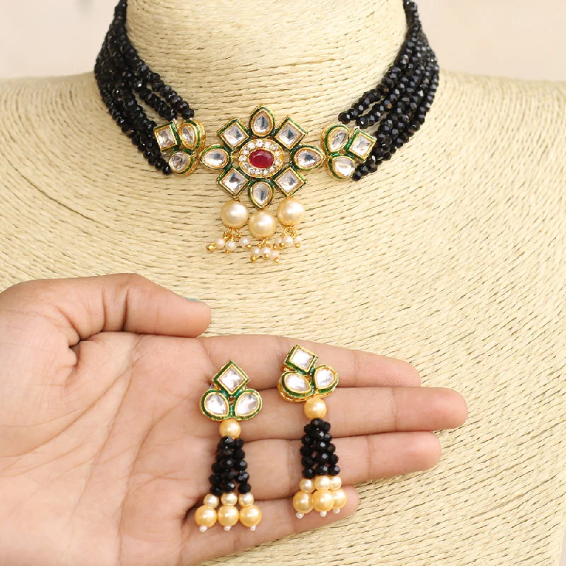 layered gemstone necklace for women-Beadsnfashion Glass Crystal Beaded Kundan Choker Set Black