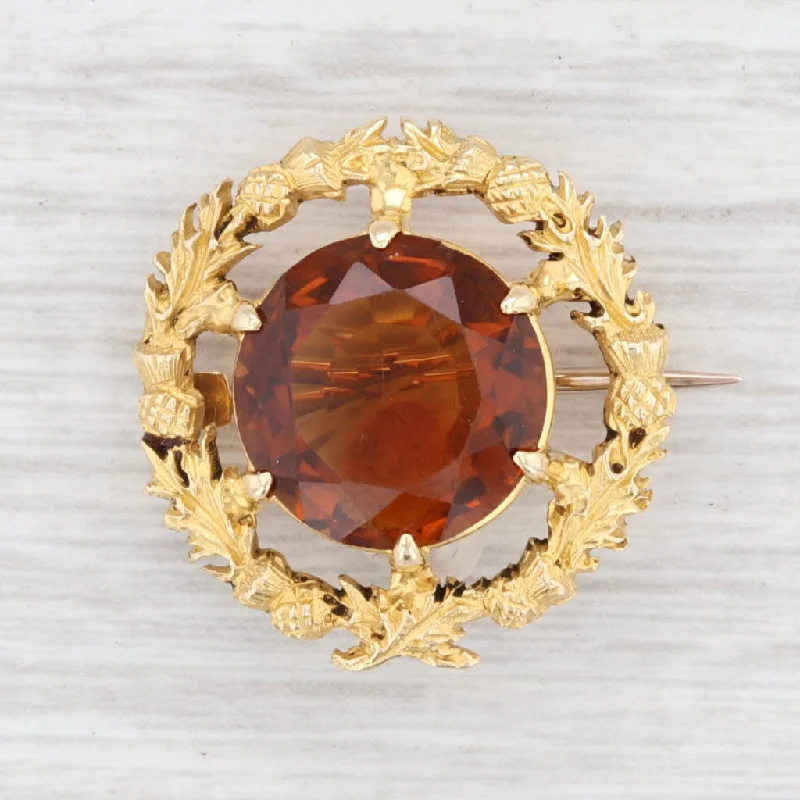 luxury gemstone engagement rings for women-Antique 5.50ct Citrine Wreath Pin 15k Yellow Gold Orange Gemstone Brooch